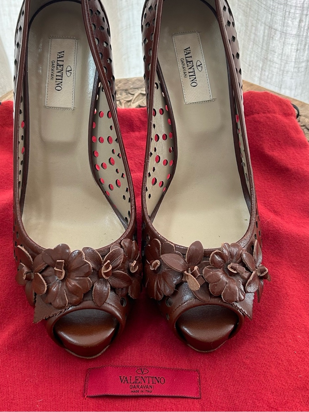 Valentino Garavani Brown Perforated Leather Open Toe High Heels Size 39